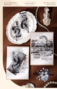 Détail de stickers floraux vintage noir et blanc avec perles et décor de style rétro