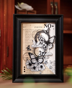 Détail d'autocollants vintage avec fleurs et papillons noirs et blancs élégants