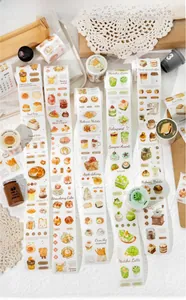 Detailed macro view of food-themed washi tape with coffee and cake illustrations