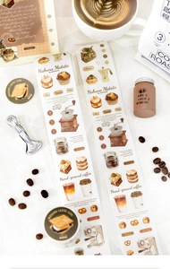 Detail of vintage coffee theme washi tape with hand-drawn dessert and bean motifs