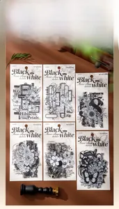 Détail d'autocollants collage de fleurs noirs et blancs pour scrapbooking sur bois