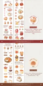 Detailed view of Weekend Coffee washi tape featuring hand-drawn bakery and toast illustrations