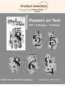 Détail macro d'autocollants PET de fleurs vintage noirs et blancs pour journal DIY