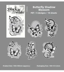 Vue détaillée d'autocollants PET fleurs et papillons noir et blanc pour scrapbooking