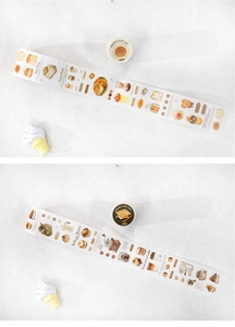 Detail of coffee and bakery theme washi tapes featuring toast, latte, and dessert illustrations