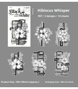 Détail macro d'autocollants PET hibiscus rétro noir et blanc pour scrapbooking