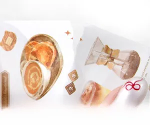 Detail of hand-drawn coffee and toast themed aesthetic stickers with paper texture