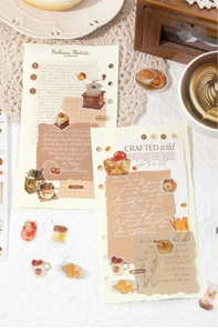 Detail showing vintage coffee and dessert themed washi tape stickers for DIY scrapbooking