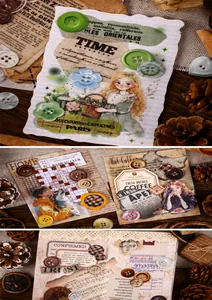 Vue détaillée des autocollants boutons rétro et illustrations vintage pour scrapbooking