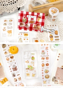 Close-up of dessert stickers and washi tape on DIY planner and transparent phone case