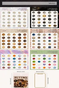 Vue détaillée de stickers boutons vintage avec motifs divers et dimensions de l'emballage