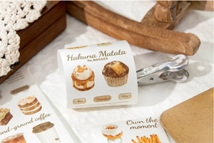 Detail of die-cut washi tape featuring coffee and vintage dessert illustrations