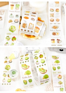 Detail of watercolor matcha and toast stickers for creative scrapbooking decoration