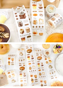 Close-up of decorative washi tape with hand-drawn coffee and bakery illustrations