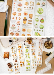 Macro detail of hand-drawn dessert stickers and washi tape for DIY journaling