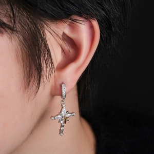 Silver iced-out cross hoop earrings with snowflake zircon for men and women