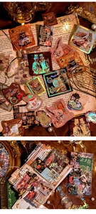 Macro di adesivi vintage per scrapbooking con elementi di design orologio e caffè