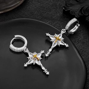 S925 silver cross drop earrings with sparkling zircon stones and golden star cross detail