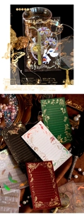 Dettagli macro di adesivi vintage in lamina d'oro e carta PET con motivi retrò