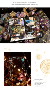 Dettaglio di adesivi scrapbooking vintage con motivi del Piccolo Principe e doratura