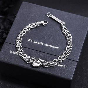 Vintage Titanium Steel Double Layer Chain Bracelet For Women Men Hollow Heart Pendant Geometric Tag Silver Metal Wristband