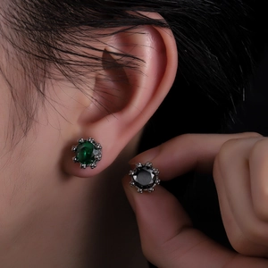 Elegant crown cubic zirconia stud earrings with vintage green and black gemstones