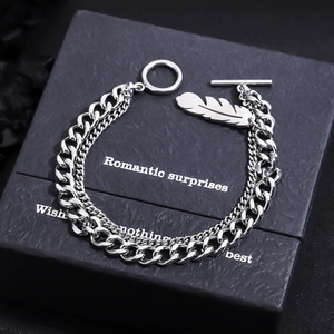 Stainless Steel Feather Pendant Double Layer Bracelet For Men Women Stylish Toggle Clasp Curb Chain Hand Jewelry Accessory