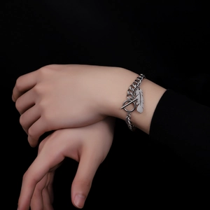 Titanium steel double layer feather chain bracelet with silver finish and OT toggle clasp
