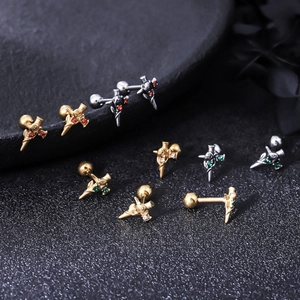 Gothic Rose Wrapped Sword Stud Earrings For Men Women Titanium Steel Rhinestone Inlay Cross Dagger Jewelry Accessory Gift
