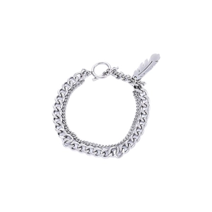 Silver titanium steel double-layer bracelet with Cuban links and feather pendant