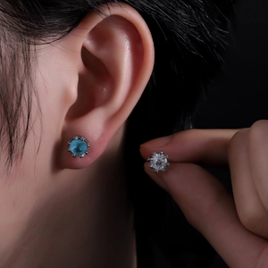 Crown-set zircon stud earrings for men and women in silver finish with blue and white stones