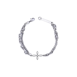 Silver multi-layer titanium steel bracelet with clover cross charm and engraved plate