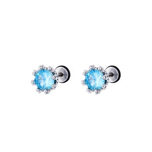 Minimalist crown zircon stud earrings with sparkling blue gemstones in silver claw setting