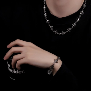 Vintage silver fleur-de-lis and cross necklace and bracelet set for men in street style
