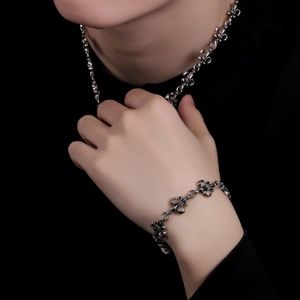 Retro fleur-de-lis cross necklace and bracelet set in vintage silver finish for men