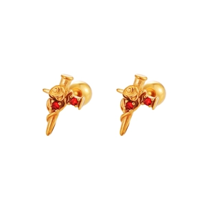 Golden rose dagger stud earrings with red zircon stones in luxury titanium steel