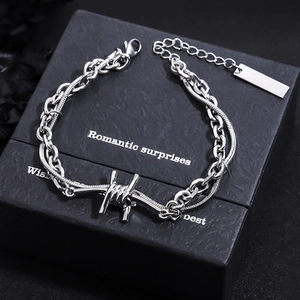 Punk Industrial Double Layer Chain Bracelet For Men Women Silver Titanium Steel Barbed Wire Design Hip Hop Streetwear Jewelry Gift