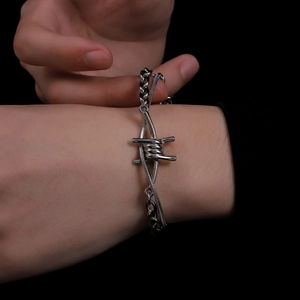 Double-layer silver barbed wire bracelet with mixed cuban links for a punk rock style
