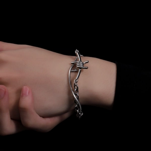 Double-layered punk chain bracelet with barbed wire center for men and women