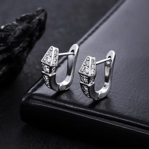 Silver geometric U-shaped hoop earrings for men and women with micro-pave cubic zirconia