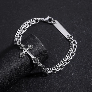 Bracelet double chaîne en acier inoxydable argenté vintage avec croix et plaque en métal