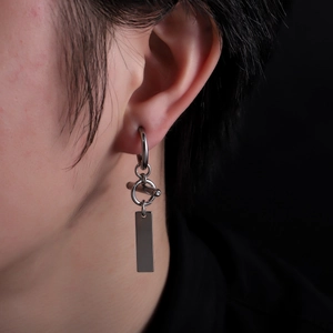 Minimalist stainless steel clip-on hoop earring with rectangular nameplate pendant