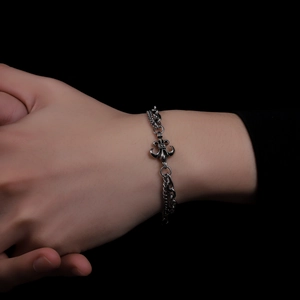 Retro Silbernes Kreuz Armband mit Iris Motiv und Doppelter Kette für Herren und Damen