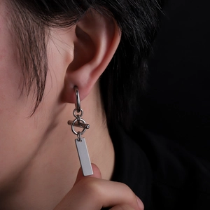 Minimalist silver titanium steel clip-on earrings with rectangular pendant for men and women