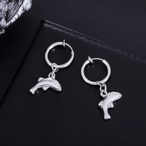 Boucles d'Oreilles à Clips en Acier au Titane Pendentif Dauphin Sans Perçage Argent Strass Animal Bijoux pour Hommes Femmes Cadeau