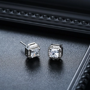Elegant square zircon halo stud earrings in silver finish for men and women jewelry