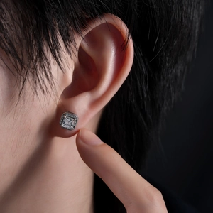 Men's square zircon stud earrings with sparkling halo setting in silver finish