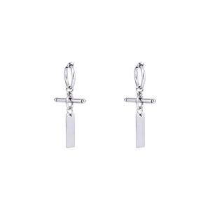 Polished silver stainless steel hoop earrings with rectangular pendant for men and women