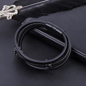 Black leather multilayer bracelet with magnetic metal clasp and crown charm for men