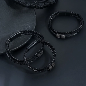 Three-piece black braided leather bracelets with matte magnetic clasp and micro-paved cubic studs